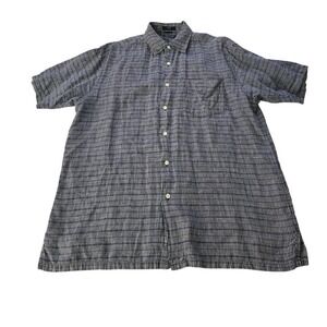 Nautica Mens Large 100% Linen Short Sleeve Button Down Shirt Navy White Check